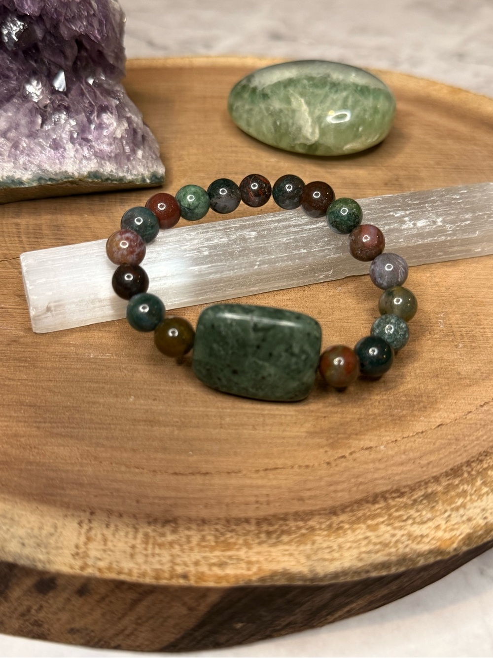 Handmade Indian agate beads and Jasper centerpiece stretch bracelet.